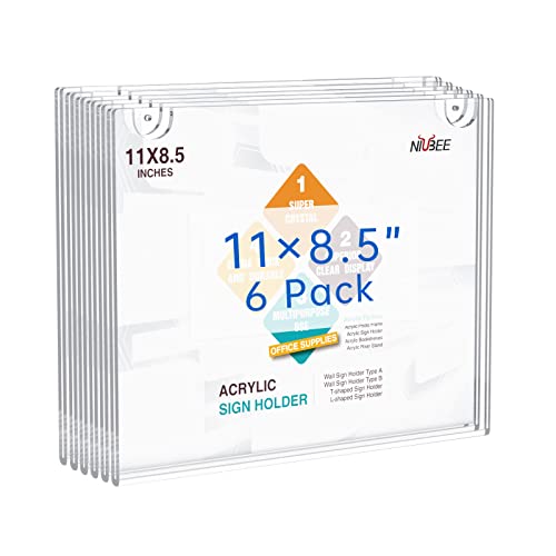 NIUBEE Acrylic Sign Holder 8.5x11 Horizontal,Clear Plastic Picture Frames for Paper, Bonus with 3M Tape and Mounting Screws(6 Pack) by NIUBEE - Used condition - CA$22.72