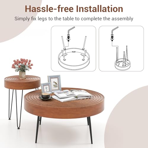 GOFLAME Round Nesting Coffee Tables Set of 2, Boho Nesting Tables with Solid Pine Wood Top & Metal Legs, Circle Coffee Table & End Table, Center Tables for Living Room, Ring Pattern, Brown - Image 9