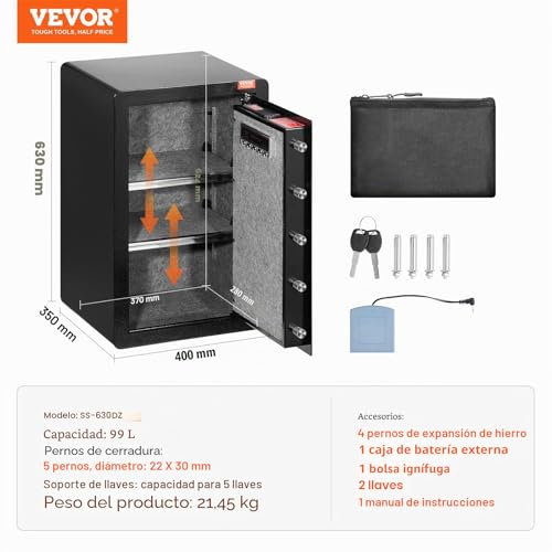 Miniatura 7 de Vevor Caja Fuerte De 99,1 L Con Una Puerta, Cerradura Con Llave, Contraseña, Bolsa Ignífuga, Estante Para Llaves, Luz Led Y 2 Divisores Para Dinero, Documentos, Joyas Y Objetos De Valor, Negro