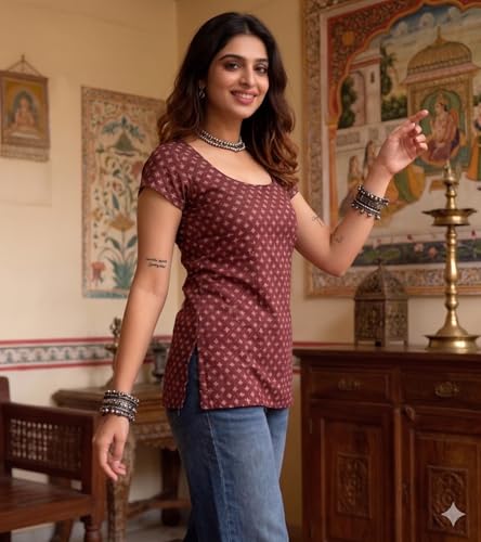 Image of Lymio Women's Short Kurti Top | Short Sleeve Rayon Scoop Neck Casual Ethnic Tunic | Summer Resort & Garden (K-237-42-47)