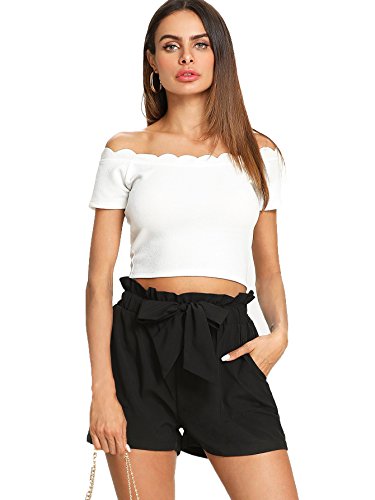 Romwe Women's Casual Elastic Waist Bowknot Summer Shorts With Pockets Black L #TOP2