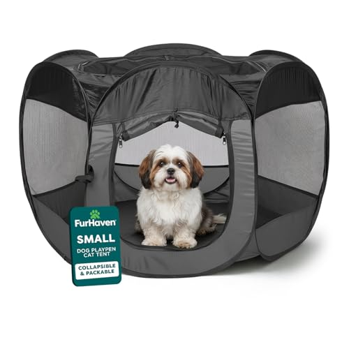 FurHaven Portable Pet Playpen for Dogs & Cats - Foldable Indoor Kitten Playpen with Mesh Sides, Pop Up Travel Dog Pen, Small, Gray