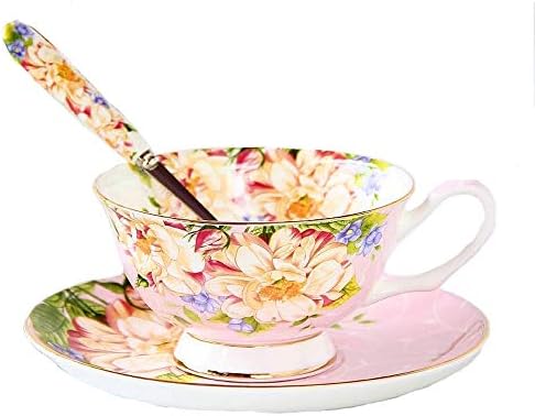 Gift Set Vintage Fine Bone China Tea Cup Spoon and Saucer Set Gold Trim Fine Dining and Table Décor (Pink Rose)