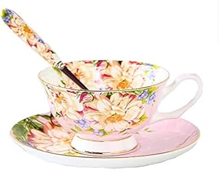 Gift Set Vintage Fine Bone China Tea Cup Spoon and Saucer Set Gold Trim Fine Dining and Table Décor (Pink Rose)