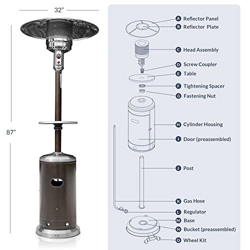 Belleze 48,000 Btu Patio Heater For Outdoor Use, Csa Certified Propane Heater With Drink Shelf Table, Auto Shut Off Valve, Piezo Ignition System, Wheels For Mobility - Bronze & Stainless Steel #TOP6