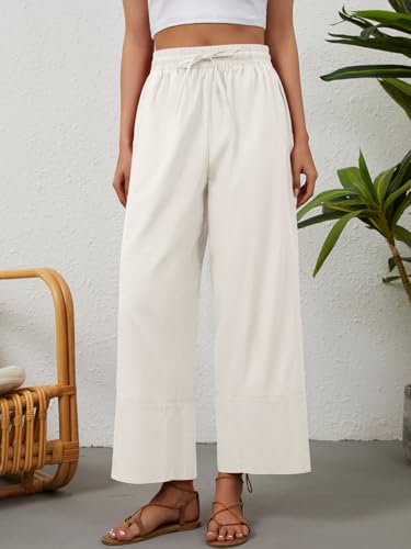 grewley Women's Linen Pants Casual Lounge Elastic Waist Flowy Apricot M — view 2