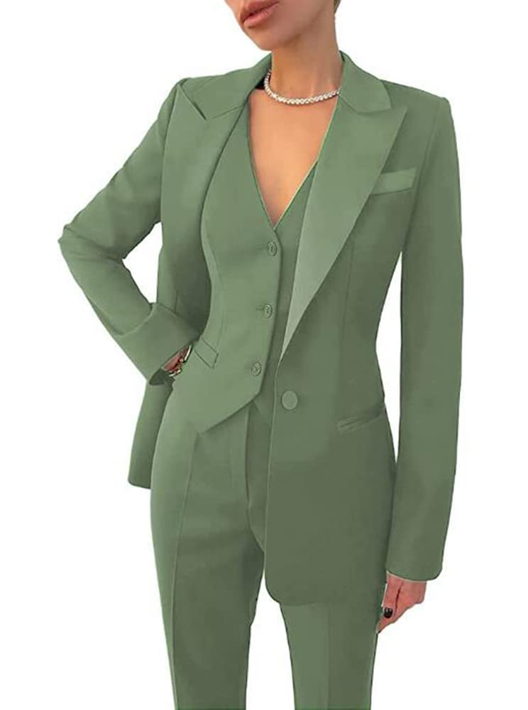 Leader Of The Beauty Women's Sage 3 Piece Office Work Blazer Vest Pants Business Pants Suit Set Prom Party Suit