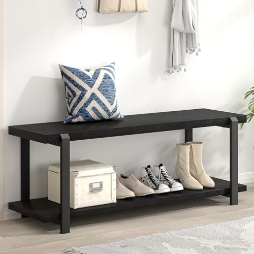 EXCEFUR Entryway Bench, Modern Wood and Metal Storage Bench for