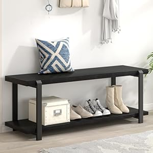 EXCEFUR Entryway Bench Modern Wood and Metal Storage Bench for Hallway Industrial Indoor Shoe Rack Bench Seat for Living Room Bedroom Black Oak 47 Inch Long