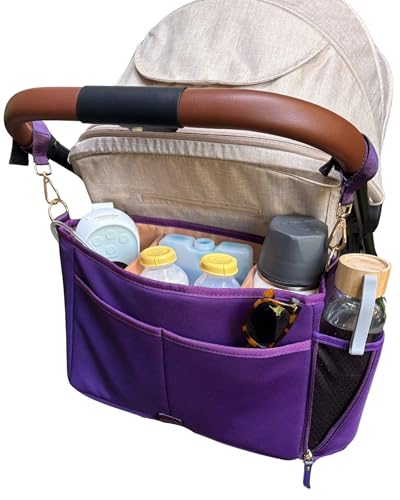 Image of Sarah Wells Stroller Caddy & Pump Bag – Insulated Neoprene Diaper Organizer with Crossbody Strap, Machine Washable, Luggage Sleeve – Fits Single & Double Strollers (Purple)