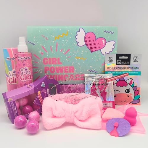 Pack Skincare Infantil. Set cuidado facial y corporal infantil "Girl Power Skincare" con 17 accesorios + Caja de Regalo. Skincare Infantil. Kit de cuidado de la piel infantil. Pack de belleza.