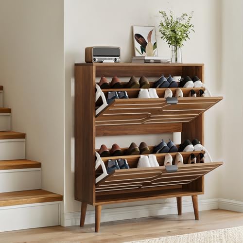 Vibe & Dine Modern Shoe Cabinet with 2 Flip Drawers, Shoe Storage Organizer for Entryway Slim, Freestanding Wood Shoe Rack Cabinet for Hallway, Bedroom, Living Room, Walnut - Thumbnail 3