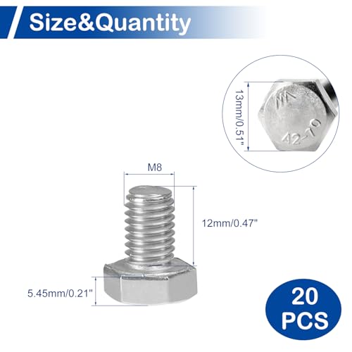 Image of MroMax 20Pcs M8-1.25 Hex Bolts, M8 x 12mm Hex Head Screws Bolts, 304 Stainless Steel 18-8, Fully Threaded, External Hex Drive, for Mounting Chair, Rail, Wheels, Boat and Plastic Bumpers
