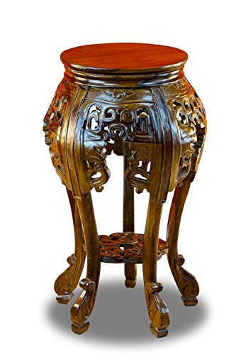 Kinaree Xiamen Table d'appoint en acajou fabriquée à la main - Table en bois massif d'Indonésie - Tabouret asiatique de style rétro - Table ronde en bois sculpté - Finitions élégantes