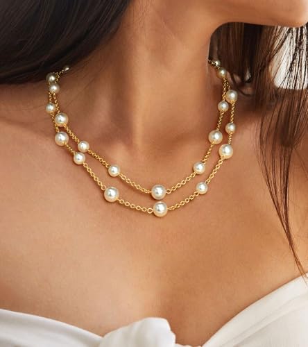 Gold Pearl Necklace for Women, Chunky 18K Gold Plated Layered Choker Chain - Double Layered Pearl Necklace, Trendy Gold Jewelry Birthday Gifts4