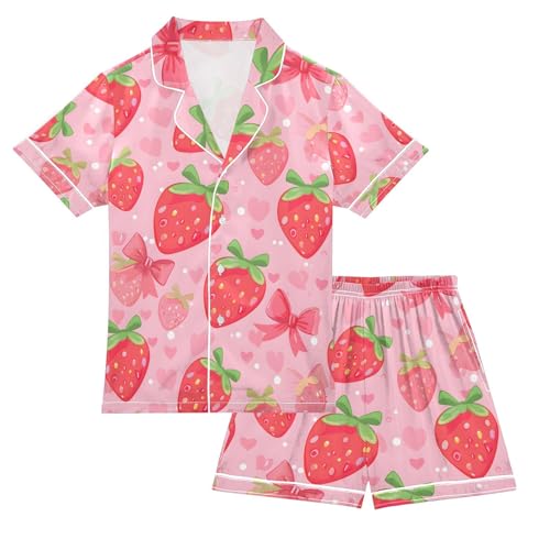 ALAZA Strawberry Love Heart Fruit Bow Pajamas Satin Pajama Set Short Sleeve Button Down Sleepwear