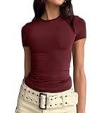 LACOZY Women's Oversized Crop Tops Roll Hem Half Sleeve T-Shirts Drop Shoulder Casual Summer Tops Red M