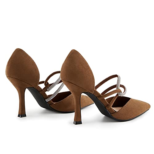 Tinstree Brown Pumps For Women,D'orsay Pumps High Heels Slip On Dress Sudue V Cut Sexy Dressy Closed Toe High Heels Strappy Rhinestone Slingback Dress Wedding Party Dress Shoes 3 Inches Brown, 06 #TOP4