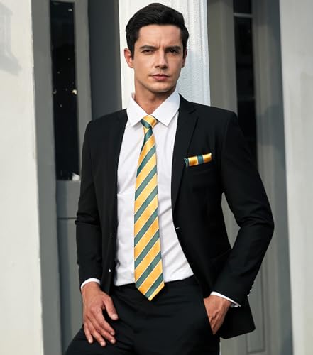 Image of HISDERN Stripe Tie Mens Ties with Pocket Square Set Classic 3.4'' Silk Formal Necktie Handkerchief for Business Wedding