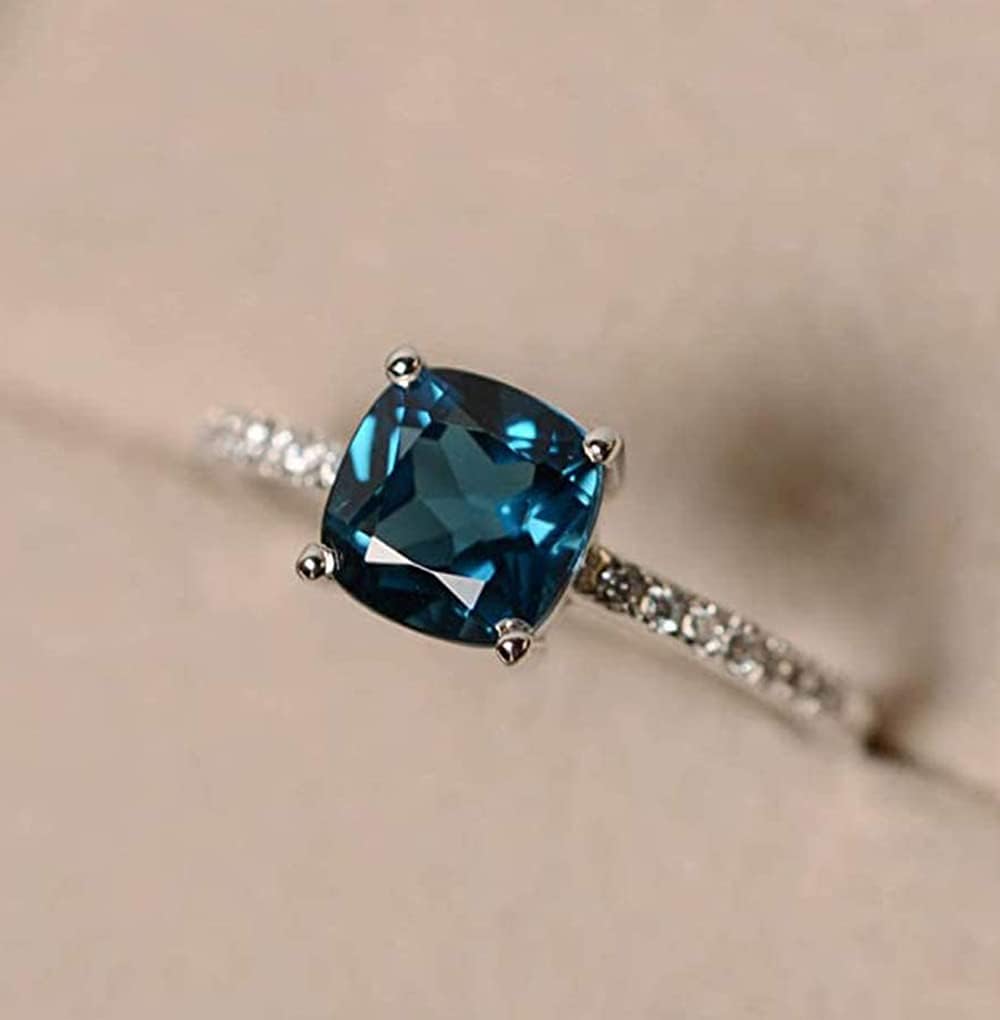 Cutesmile Fashion Jewelry 14k White Gold Plated Sterling Silver Peacock Blue Topaz Square Diamond Ring Gemstone Ring Aquamarine Gemstone Wedding Bridal Band Ring for Women (7) - Image 2