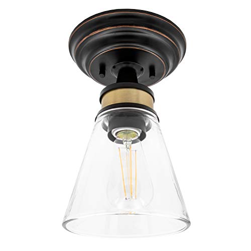 Maxxima 9" Led Semi-Flush Mount Glass Ceiling Light Fixture W/ St19 Edison Bulb, Black W/Bronze Trim Fixture, Hallway, Stairway, Bedroom, Home Office, Mudroom, 2700K Warm White, 800 Lumens #TOP1