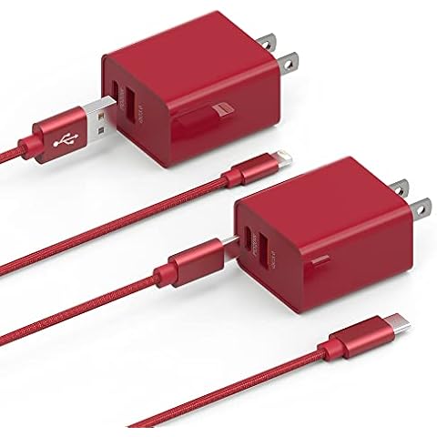 USB C Wall Charger, [2 Pack] 20W Fast PD QC 3.0 Charger Dual Port USB-C and USB-A Power Adapter Plug with 2ft Cable Compatible with Phone 14/13/12/11/Pro Max/Pro/Google Pixel/Galaxy and More (Red) Cover