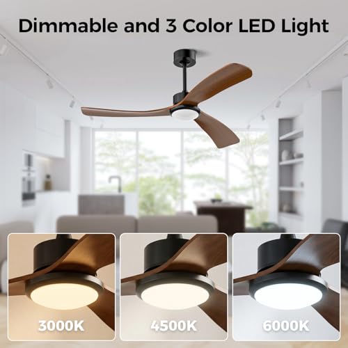 Image of Obabala 52 Inch Ceiling Fan with Light and Remote,Solid Wood Blades, DC Motor Quiet 35dB, Dimmable LED Reversible for Bedroom Living Room Indoor Outdoor, 6 Speed Timer Downrod