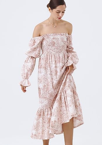 Image of NOTHING FITS BUT Women Linen Cotton Dress, Floral Pattern Yuki Gown, Women Casual Dress, Off Shoulder Frock