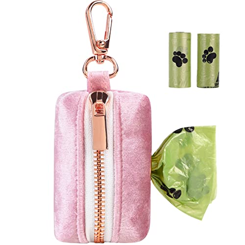 Image of ARING PET Velvet Dog Waste Bag Dispenser, Pink Doggy Poop Bags Holders Attach to Any Leashes, Portable Washable Pet Waste Pouch Dispenser with Metal Zipper