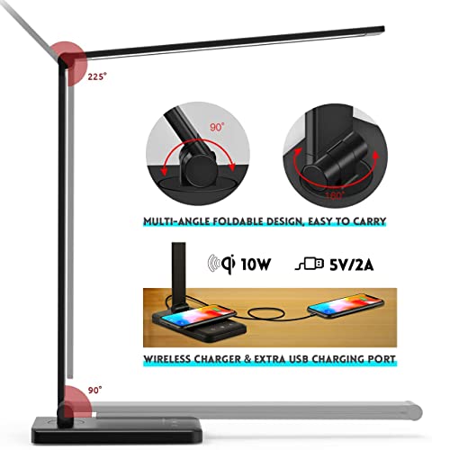 Jostic Led Desk Lamp With Wireless Charger, Usb Charging Port, 10 Brightness, 5 Color Modes, Desk Lamps For Home Office, Dimmable Table Lamp Eye Caring Reading Light, Touch Control, Auto Timer, Black #TOP2