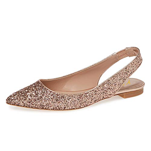 YDN Women Pointed Toe Slingback Ballet Flats Low Heel Slide Sandals Comfortable Slip On Dress Pumps Rose Gold Glitter 15