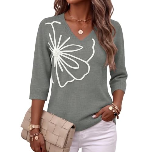 Rapbin Womens V Neck Sweaters 3/4 Length Sleeve Womens Tops