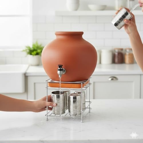 Image of Stainless Steel Stand Heavy Duty Matka Stand with Bottom Tray | Rust-Resistant, Durable & Space-Saving Design Pot Stand with Round Surface Stand Water Dispenser Stand Multipurpose Rack for Kitchen.