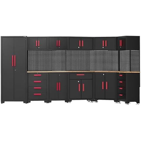 Tsnritor Garage Storage Cabinet System,16PCS Garage Cabinets and Storage System Corner Workshop Set with Corner Cabinet, Cabinet Drawers, Workbench, Pegboard for Tool Organization, Black Red Cover