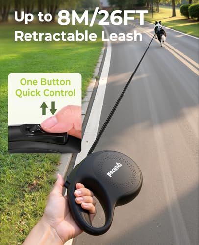 Pecute Hundeleine 8m, Rollleine für Hunde mit LED-Licht, 360° Verknotungsfreier verlängerter Leine, Wiederaufladbarem, Rutschfestem Griff und Schnellbremsknopf, für Große bis zu 50 kg Gewicht