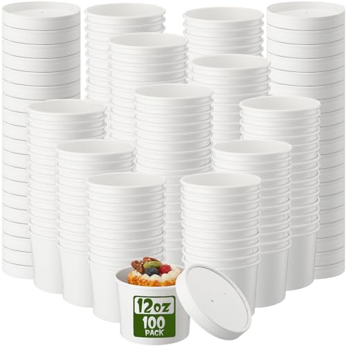 Image of Fulmoon 12 oz 100 Pack Paper Containers with Lids Soup Bowl Cup, White | Disposable Ice Cream Cup, Kraft Food Containers with Vented Lid Stackable for Hot Soup Dessert Cake Fruit Microwave Takeout