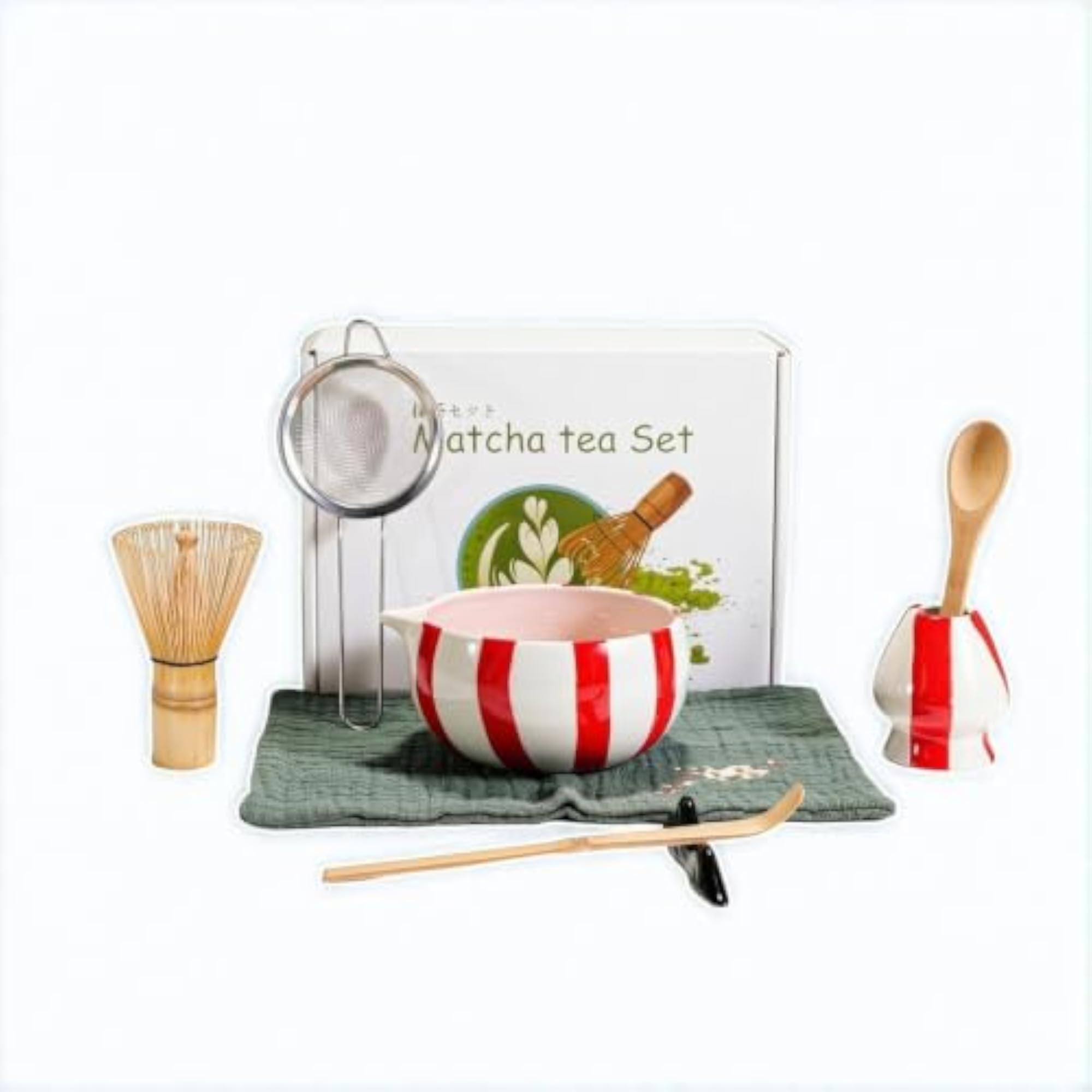 8 Pieces Matcha Whisk Set with Bowl, Glossy Glazed Ceramic