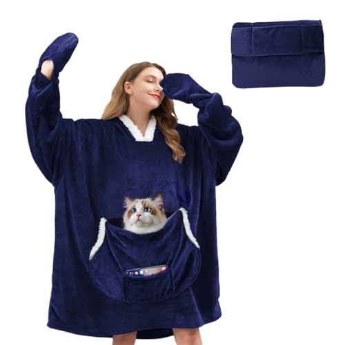 JOYWOO Navy Foldable Wearable Blanket Hoodie with Gloves Oversized Cat Lovers Sweatshirt Blanket for Adult Birthday Gifts for Men Dad Husband Cozy Sherpa Hooded Blanket with Giant Pocket Winter Gifts