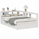 NuvlaGu Cama de madera maciza con estante de madera de pino de 135 x 190 cm – cabecero blanco para dormitorio, duradero y estable, ahorra espacio con espacio de almacenamiento