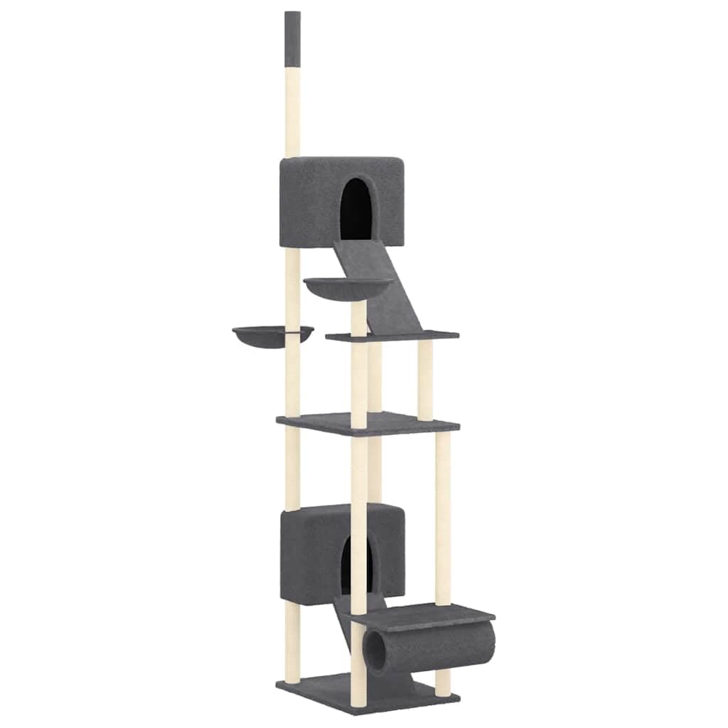 Kratzbaum Deckenhoch 277-303 cm - Großer Katzenturm Dunkelgrau mit 2 Häusern, 2 Hängematten, Tunnel, Leitern und Sisalstämmen - Kletterbaum aus Holzwerkstoff und Plüsch