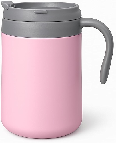 Caneca Térmica de 500ml para Café com Tampa Antivazamento e Alça Ergonômica | Isolamento Térmico para Bebidas Quentes e Frias (Rosa)