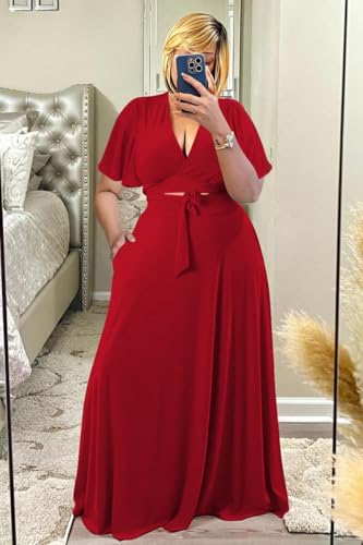 Image of Plus Size Women's 2 Piece Outfits Casual Short Ruffle Sleeve Wrap Crop Top Maxi Long Dress Flowy Matching Sets