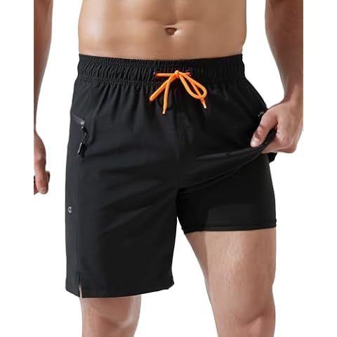 Arcweg Mens Swim Trunks with Compression Liner 7 Inch Quick Dry Beach Swimming Trunks 2 in 1 Swim Shorts with Zipper Pockets Black(L) Cover