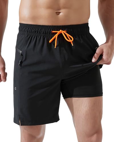 Arcweg Pantalones Cortos de baño para Hombre 2 en 1 Impermeables con Bolsillos con Cremallera y Forro de compresión para el Verano en la Playa o la Piscina Negro L(EU)