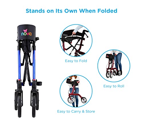 NOVA Express Rollator Walker, Large 10” & 8” Wheels, Compact Foldable & Free Standing, Easy to Fold, Lift & Carry, Comes with Cane Holder, Blue