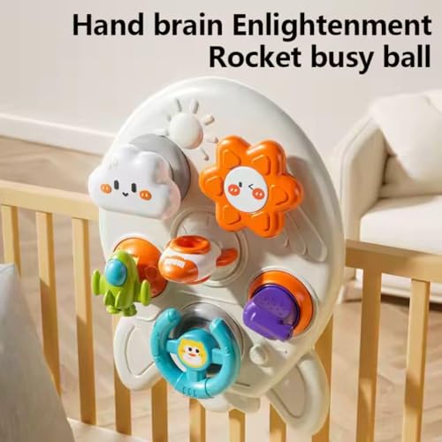 Image of 6-in-1 Space Rocket Baby Sensory Busy Cube for Toddlers - Montessori Educational Activity Center with Pull Strings, Gears & Clicker - Fine Motor Skills Travel Learning Toy for Infants