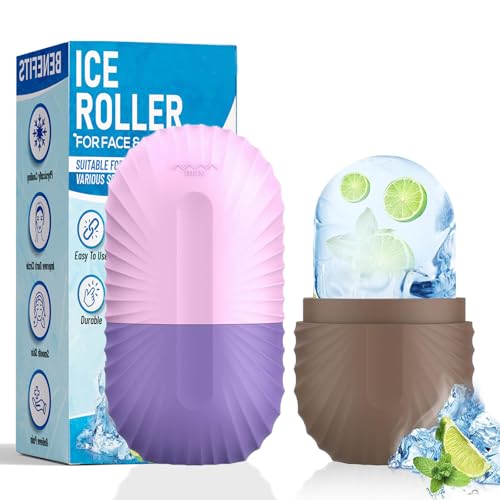 2pcs Ice Roller for Face and Eye, Silicone Ice Facial Roller Ice Holder, Face Ice Mold Skin Care, Face Icers Reusable Ice Cube Roller for Shrink Pores Anti Wrinkle Reduce Puffiness, Purple Brown