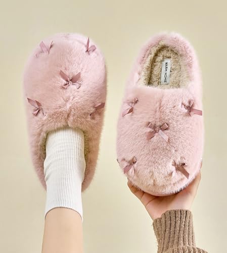 Furry Bow Slippers for Women Fleece Lined Warm Winter Slides Cute Fuzzy House Shoes Indoor Outdoor3