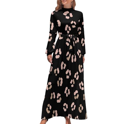 OLAzukaZ Black Pink Leopard Print Dress Women's Loose High Neck