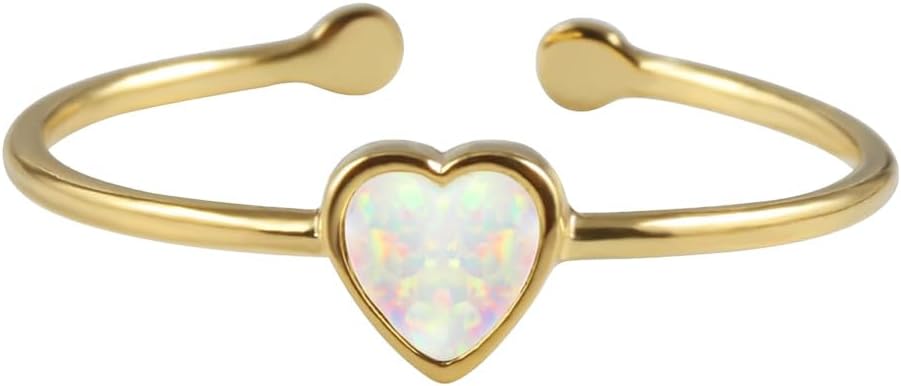 MUSTHAVE 18K Yellow Gold Plated Heart Opal Ring, White Opal Ring, Adjustable Size, Stacking Ring
